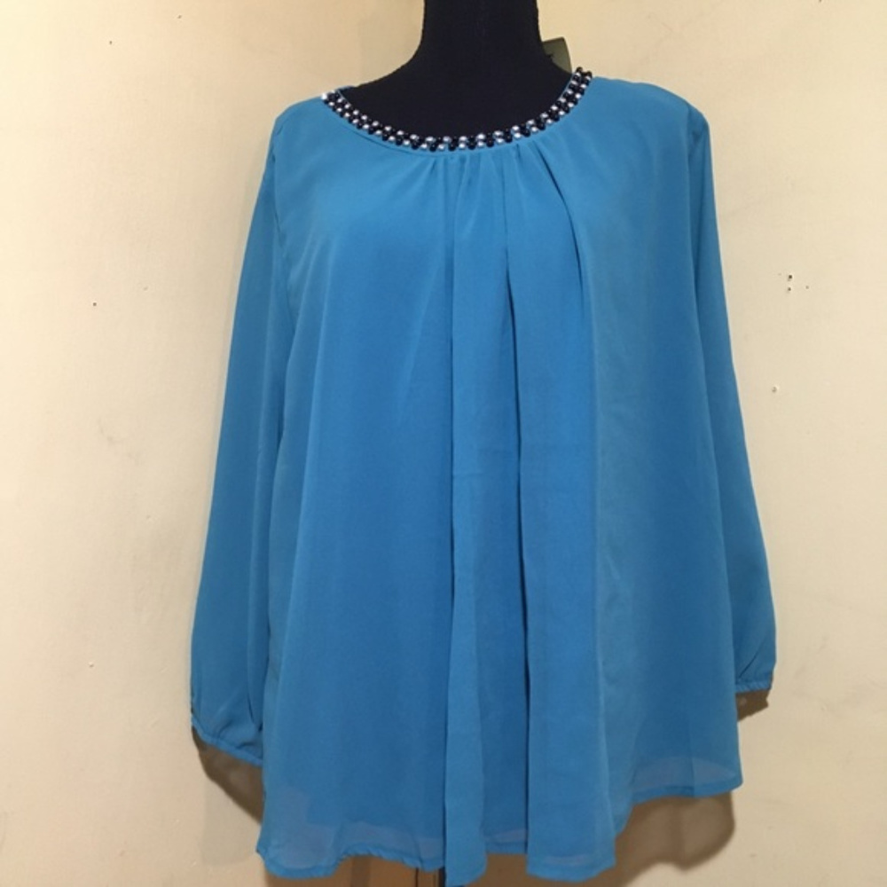 C.O.C. Teal Top, Sheer, Beaded Neckline, Tunic